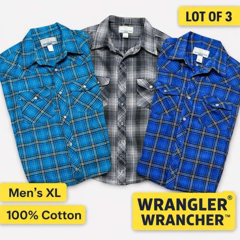 Lot of 3 Wrangler Wrancher Western Snap Flannel Shirts Mens XL Plaid Cotton Blue